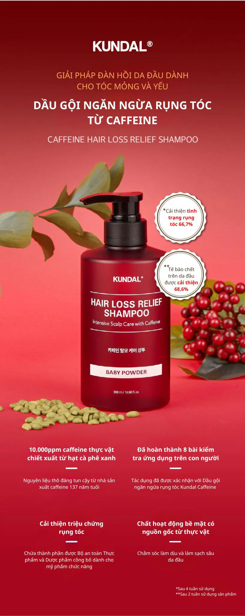 Dầu Gội Ngăn Ngừa Rụng Tóc KUNDAL Caffeine 500ml