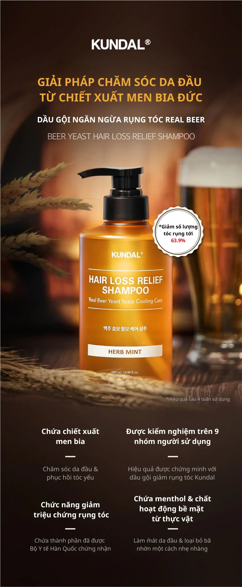 Dầu Gội Ngăn Ngừa Rụng Tóc Kundal Real Beer Yeast 500ml