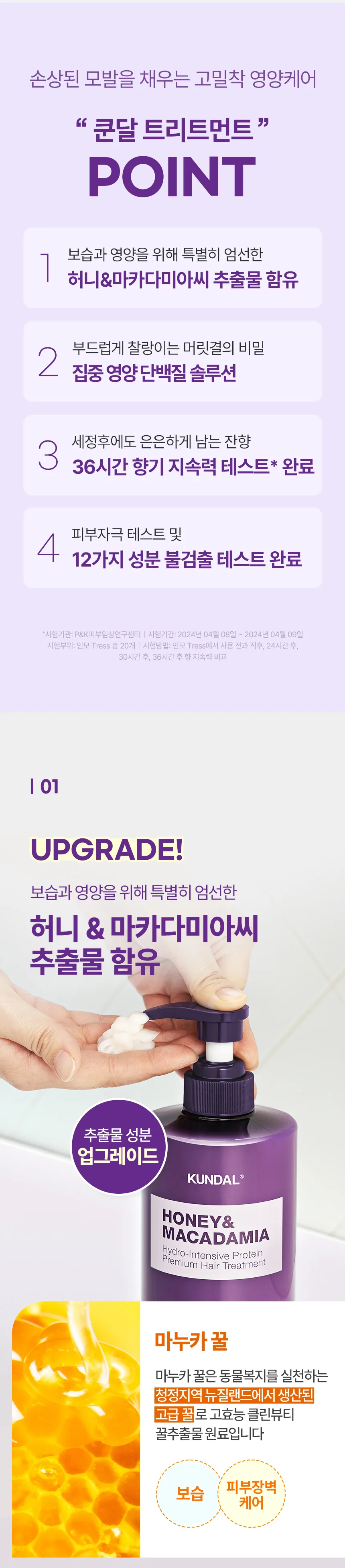 쿤달 트리트먼트 4가지 포인트 - 허니 마카다미아 추출물, 집중 영양 단백질 솔루션, 36시간 향기 지속, 12가지 성분 불검출